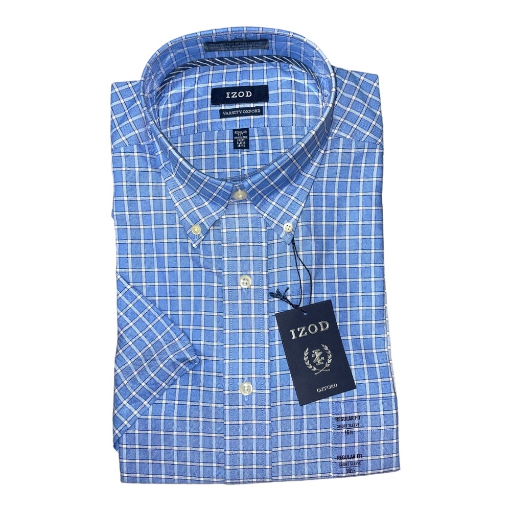 Izod Varsity Oxford Regular Fit Short Sleeve Blue Plaid 16.5 Button Down NEW